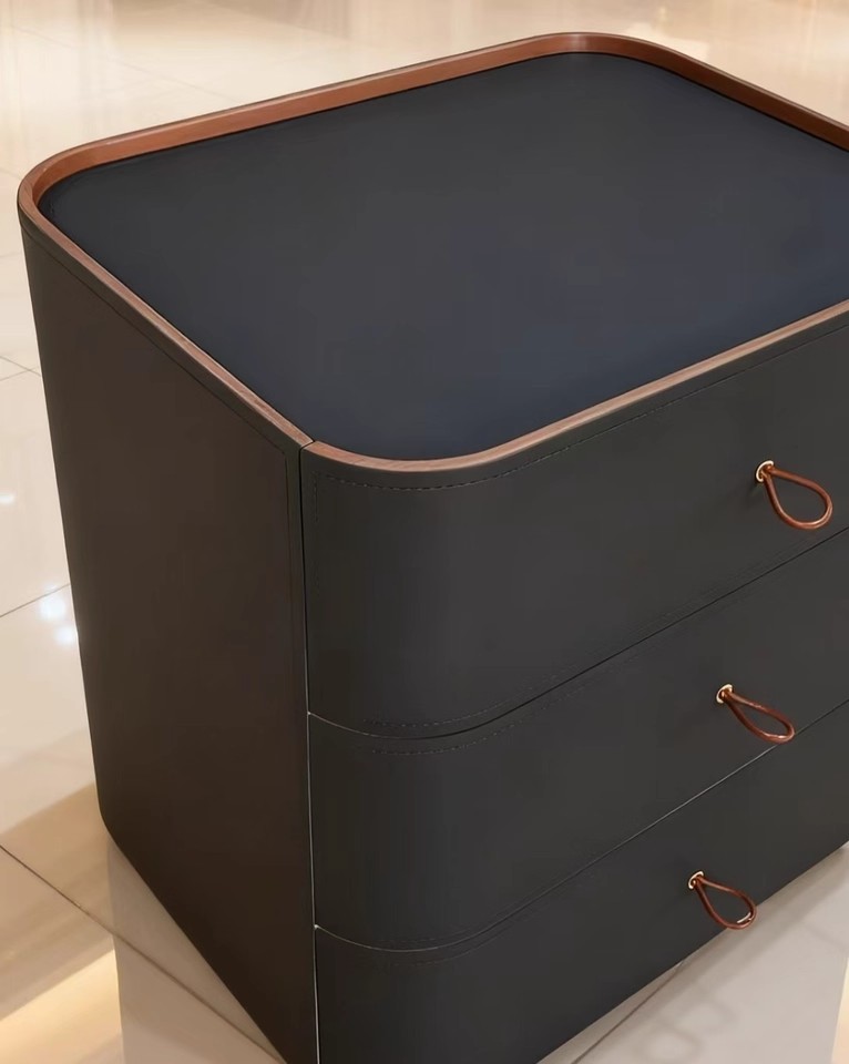 Premium Saddle Leather 2-Drawer Nightstand with Sintered Stone Top