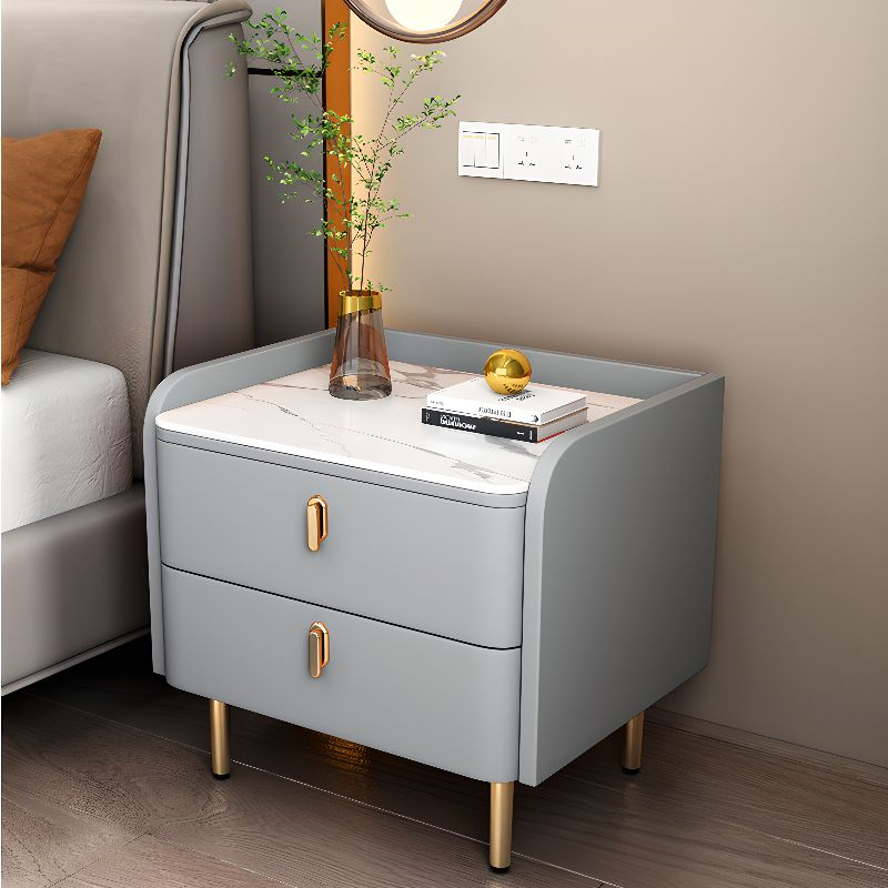 PU Leather 2-Drawer Nightstand with Gold Metal Legs | Factory Direct