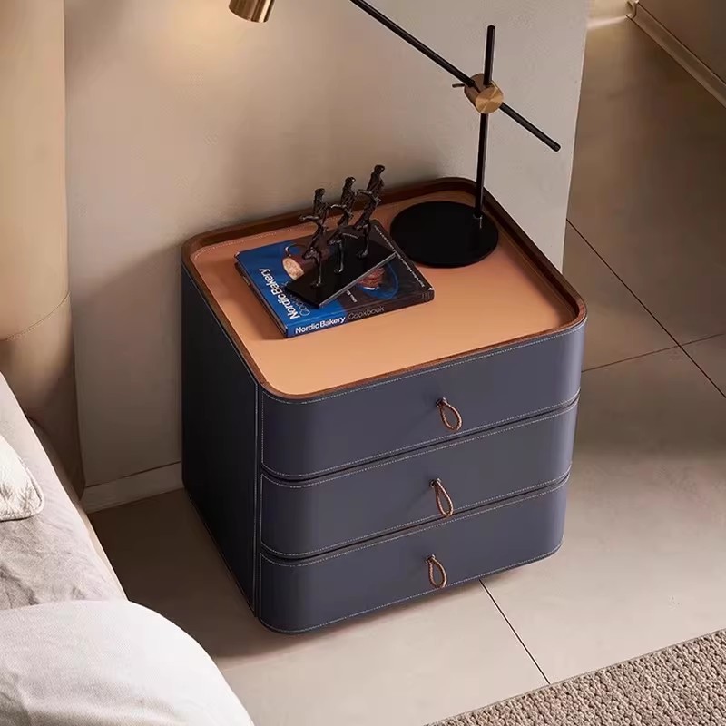 Premium Saddle Leather 2-Drawer Nightstand with Sintered Stone Top