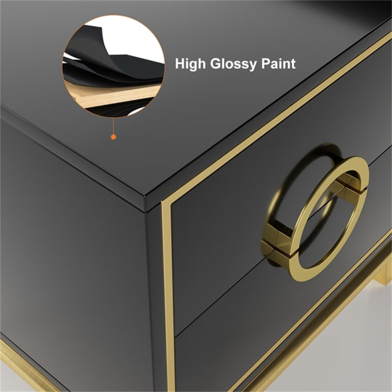 Gold Trim Nightstand | Modern Bedside Table with Stainless Steel Hardware