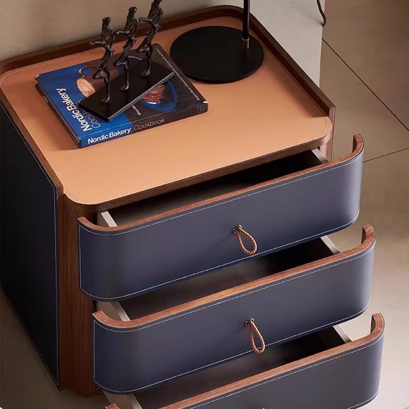 Premium Saddle Leather 2-Drawer Nightstand with Sintered Stone Top