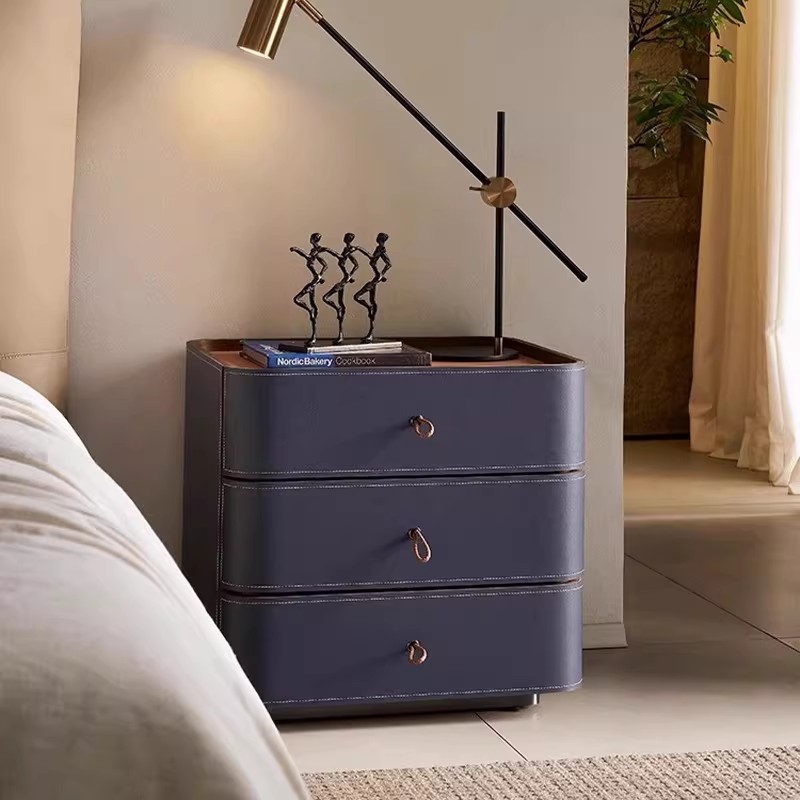 Premium Saddle Leather 2-Drawer Nightstand with Sintered Stone Top