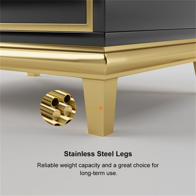 Gold Trim Nightstand | Modern Bedside Table with Stainless Steel Hardware